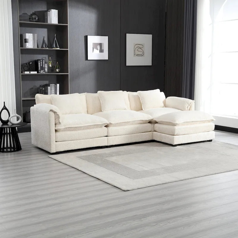 Beige 112.2 L-Shape 4-Seater Sectional Sofa in Modern Boucle Fabric with Removable Cushions and Detachable Armrests
