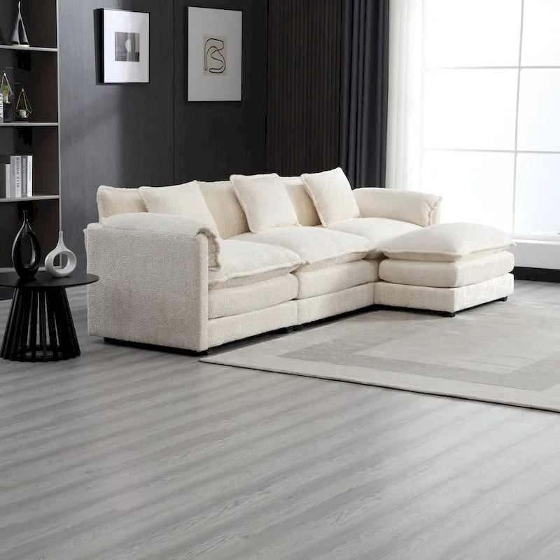 Beige 112.2 L-Shape 4-Seater Sectional Sofa in Modern Boucle Fabric with Removable Cushions and Detachable Armrests
