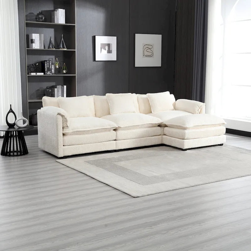 Beige 112.2 L-Shape 4-Seater Sectional Sofa in Modern Boucle Fabric with Removable Cushions and Detachable Armrests