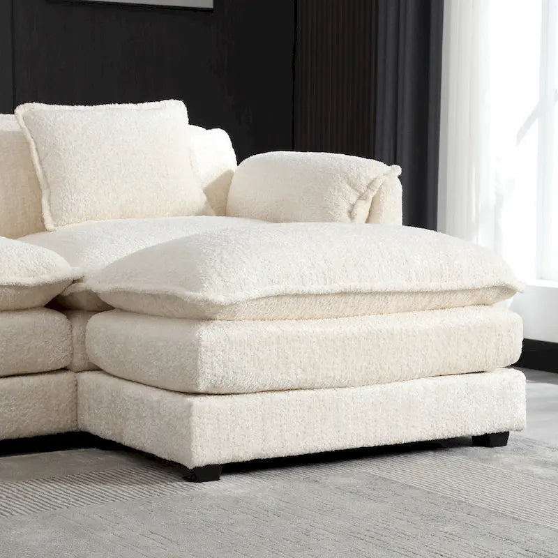 Beige 112.2 L-Shape 4-Seater Sectional Sofa in Modern Boucle Fabric with Removable Cushions and Detachable Armrests