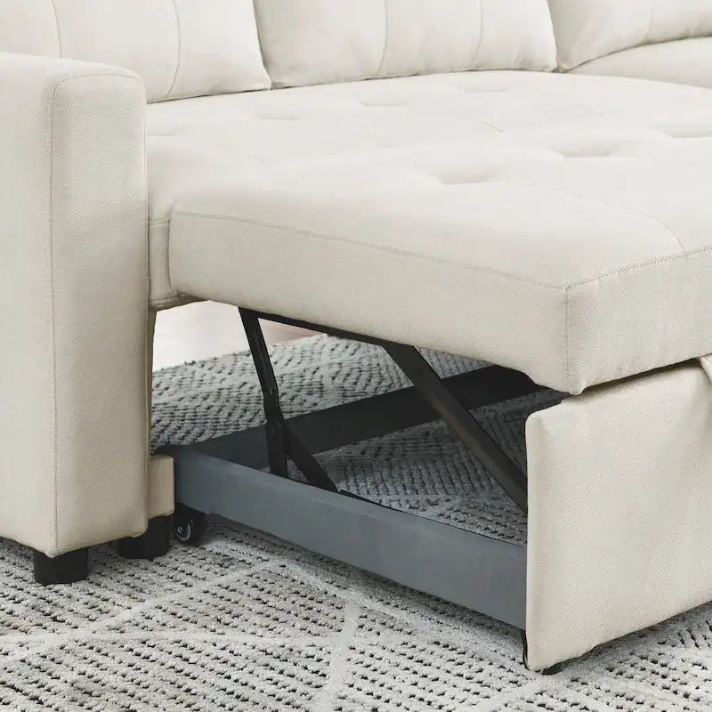 Beige 78.5 Reversible 3 Seater Sleeper Sectional Sofa with Storage Chaise, Pull-Out Bed and Side Pocket