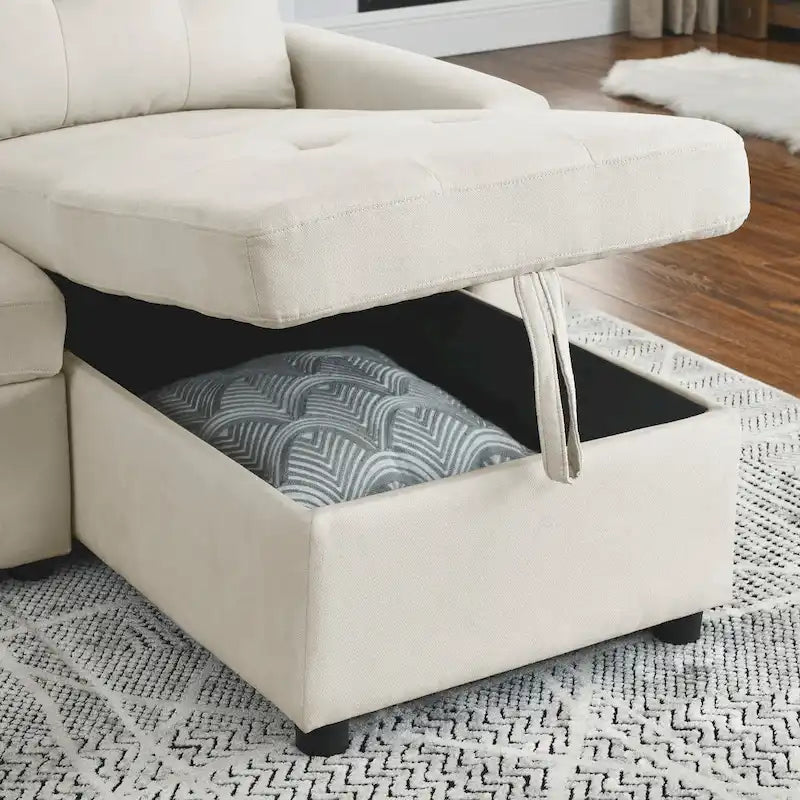 Beige 78.5 Reversible 3 Seater Sleeper Sectional Sofa with Storage Chaise, Pull-Out Bed and Side Pocket