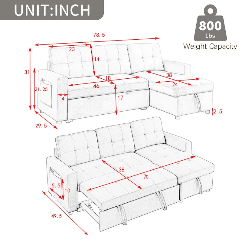 Beige 78.5 Reversible 3 Seater Sleeper Sectional Sofa with Storage Chaise, Pull-Out Bed and Side Pocket