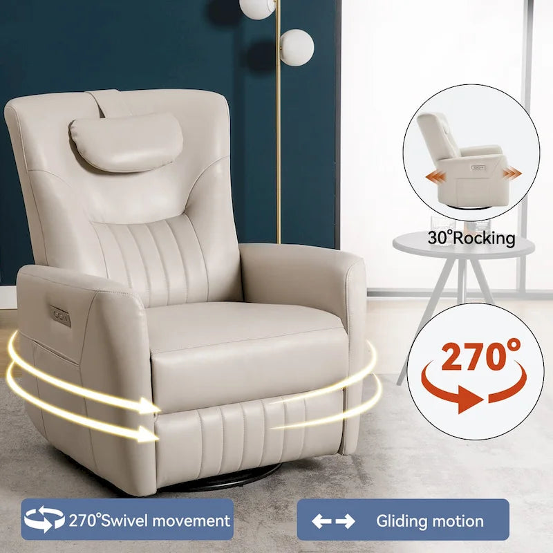 Power Swivel Rocker Recliner with Lumbar and Neck Support, USB & Type-C Charging Ports