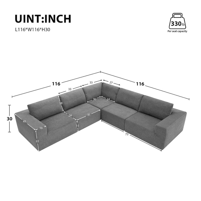 Canapé d'angle modulable 5 places gris 116 avec revêtement en tissu éponge moelleux pour le confort du salon et de la chambre