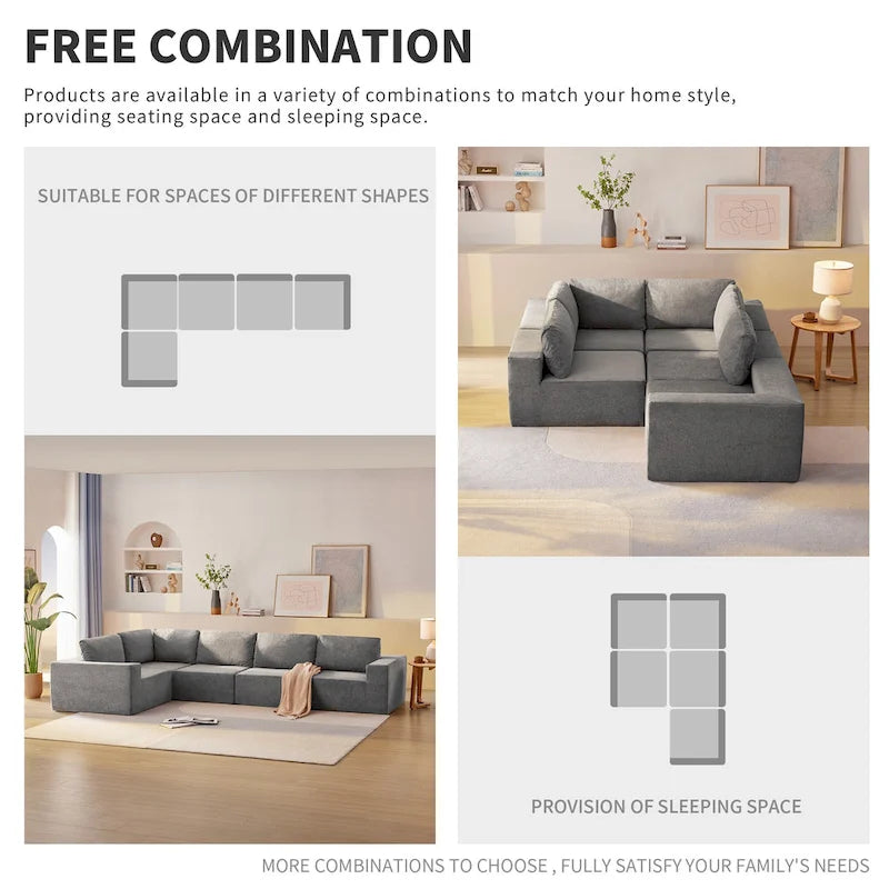 Canapé d'angle modulable 5 places gris 116 avec revêtement en tissu éponge moelleux pour le confort du salon et de la chambre