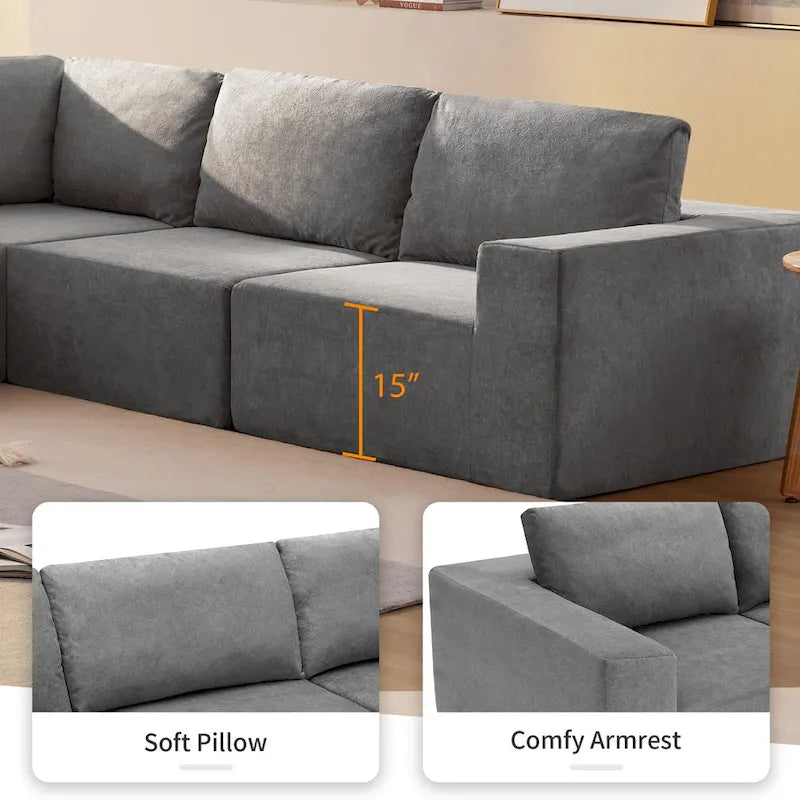 Canapé d'angle modulable 5 places gris 116 avec revêtement en tissu éponge moelleux pour le confort du salon et de la chambre