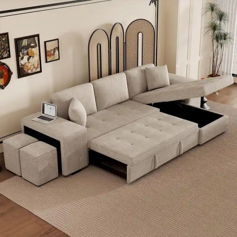 104.5 Charcoal L-Shaped 3 Seater Convertible Sofa with Pull-Out Bed, Storage Chaise and 2 Stools for Living Room