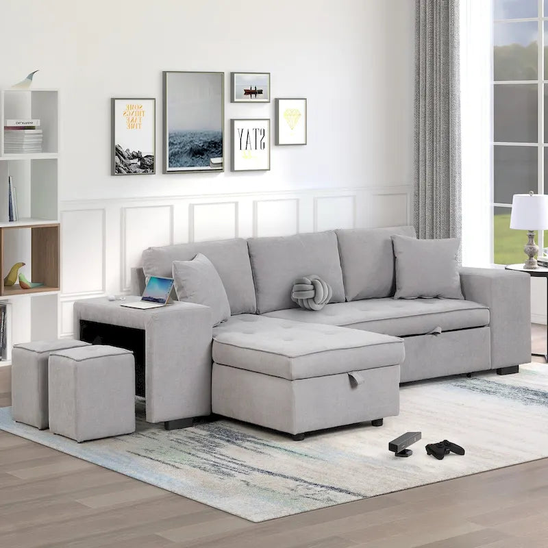 104.5 Charcoal L-Shaped 3 Seater Convertible Sofa with Pull-Out Bed, Storage Chaise and 2 Stools for Living Room