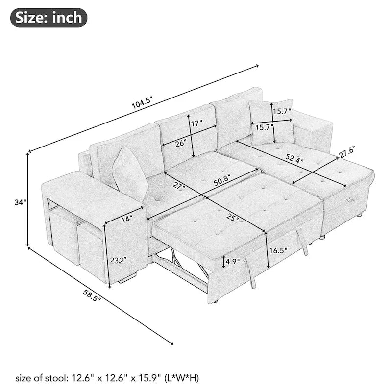 104.5 Charcoal L-Shaped 3 Seater Convertible Sofa with Pull-Out Bed, Storage Chaise and 2 Stools for Living Room