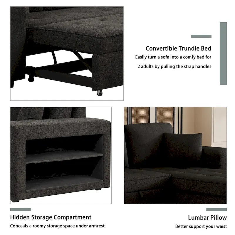104.5 Charcoal L-Shaped 3 Seater Convertible Sofa with Pull-Out Bed, Storage Chaise and 2 Stools for Living Room