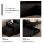 104.5 Charcoal L-Shaped 3 Seater Convertible Sofa with Pull-Out Bed, Storage Chaise and 2 Stools for Living Room