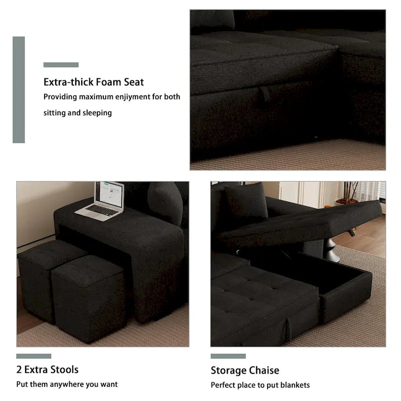 104.5 Charcoal L-Shaped 3 Seater Convertible Sofa with Pull-Out Bed, Storage Chaise and 2 Stools for Living Room