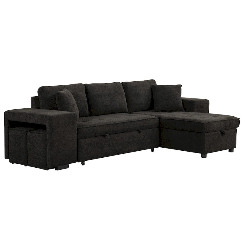 104.5 Charcoal L-Shaped 3 Seater Convertible Sofa with Pull-Out Bed, Storage Chaise and 2 Stools for Living Room