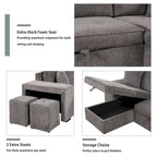 104.5 Charcoal L-Shaped 3 Seater Convertible Sofa with Pull-Out Bed, Storage Chaise and 2 Stools for Living Room
