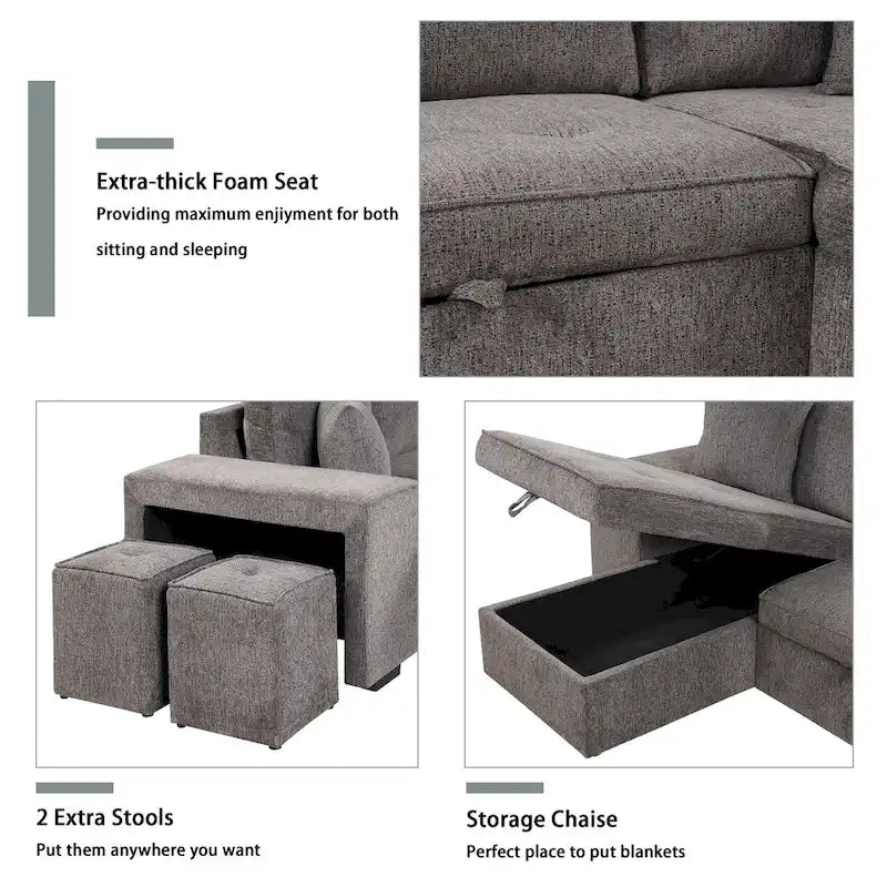 104.5 Charcoal L-Shaped 3 Seater Convertible Sofa with Pull-Out Bed, Storage Chaise and 2 Stools for Living Room