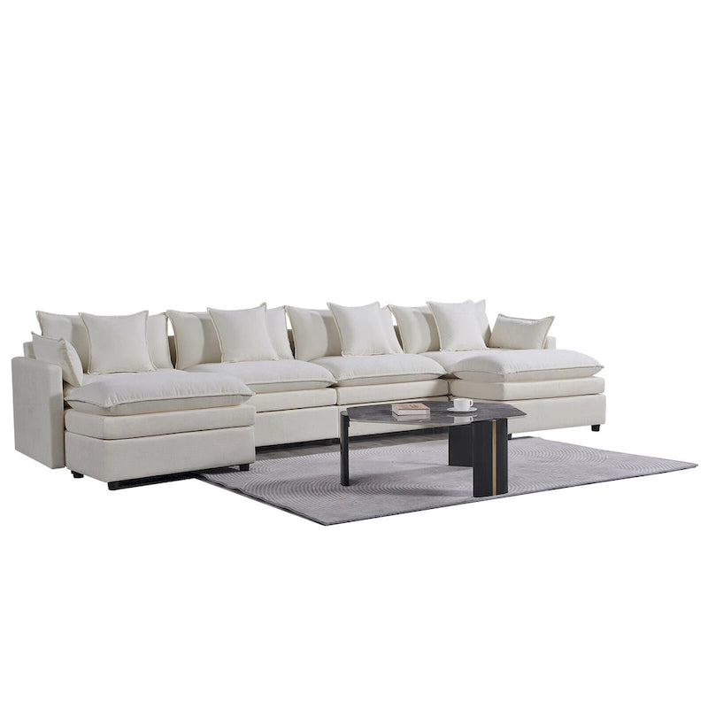 White 142.52 U-Shaped 6 Seater Sectional Sofa with Convertible Chaise and Ottomans, Spacious Cloud Couch