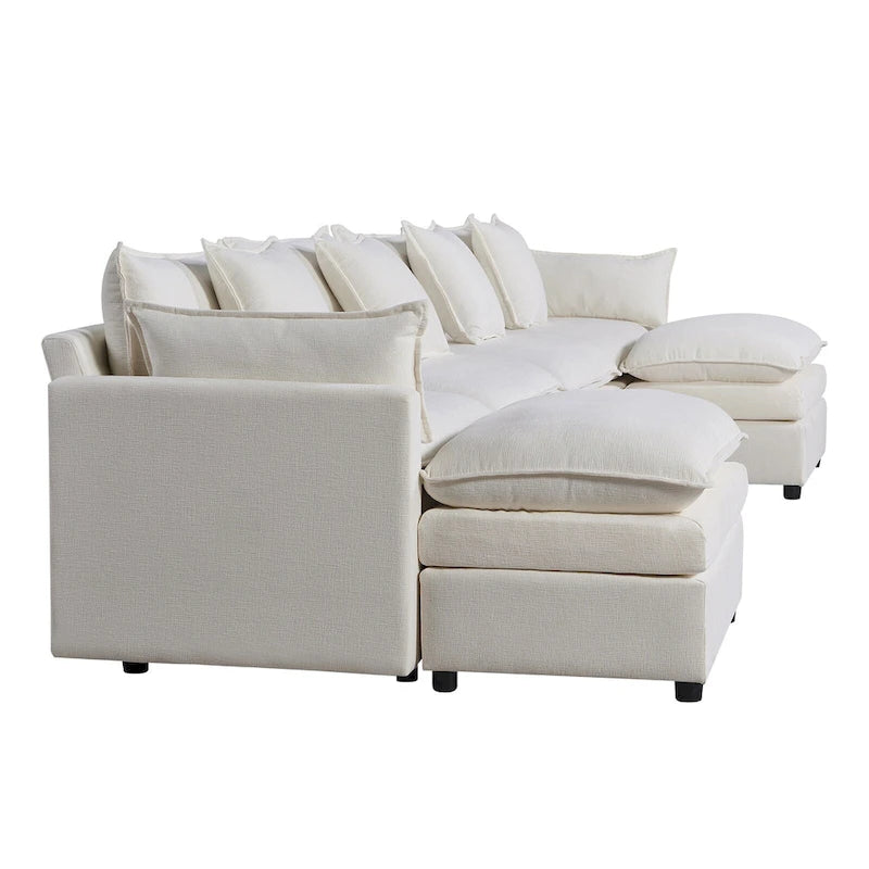White 142.52 U-Shaped 6 Seater Sectional Sofa with Convertible Chaise and Ottomans, Spacious Cloud Couch