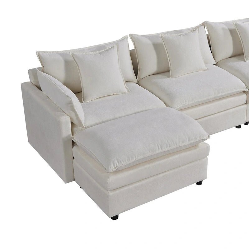 White 142.52 U-Shaped 6 Seater Sectional Sofa with Convertible Chaise and Ottomans, Spacious Cloud Couch