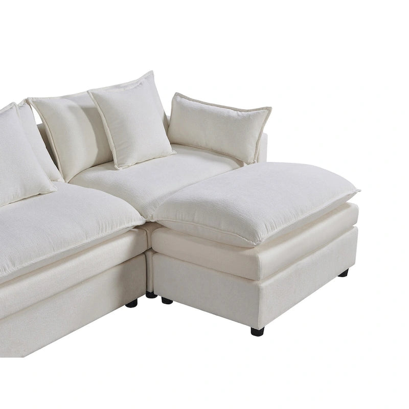 White 142.52 U-Shaped 6 Seater Sectional Sofa with Convertible Chaise and Ottomans, Spacious Cloud Couch