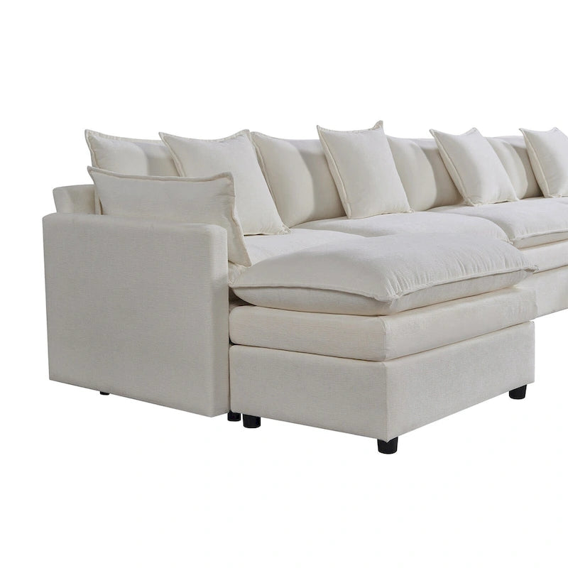 White 142.52 U-Shaped 6 Seater Sectional Sofa with Convertible Chaise and Ottomans, Spacious Cloud Couch