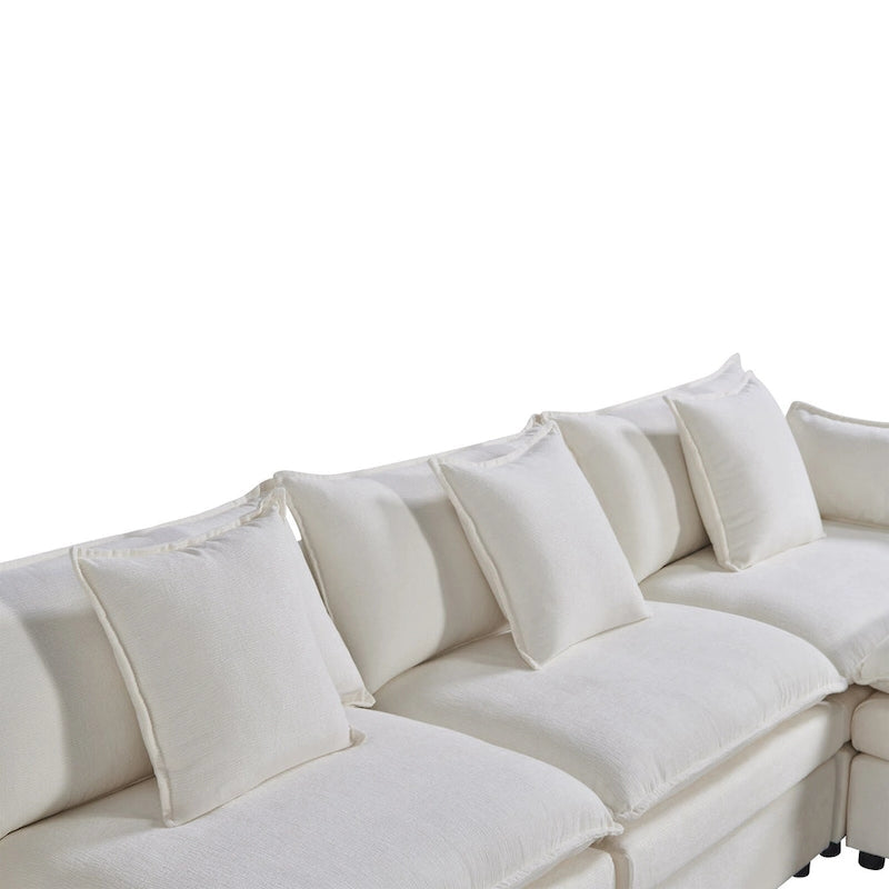 White 142.52 U-Shaped 6 Seater Sectional Sofa with Convertible Chaise and Ottomans, Spacious Cloud Couch