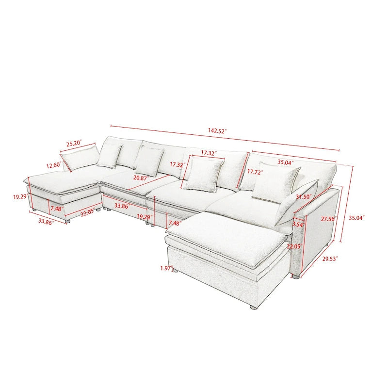 White 142.52 U-Shaped 6 Seater Sectional Sofa with Convertible Chaise and Ottomans, Spacious Cloud Couch