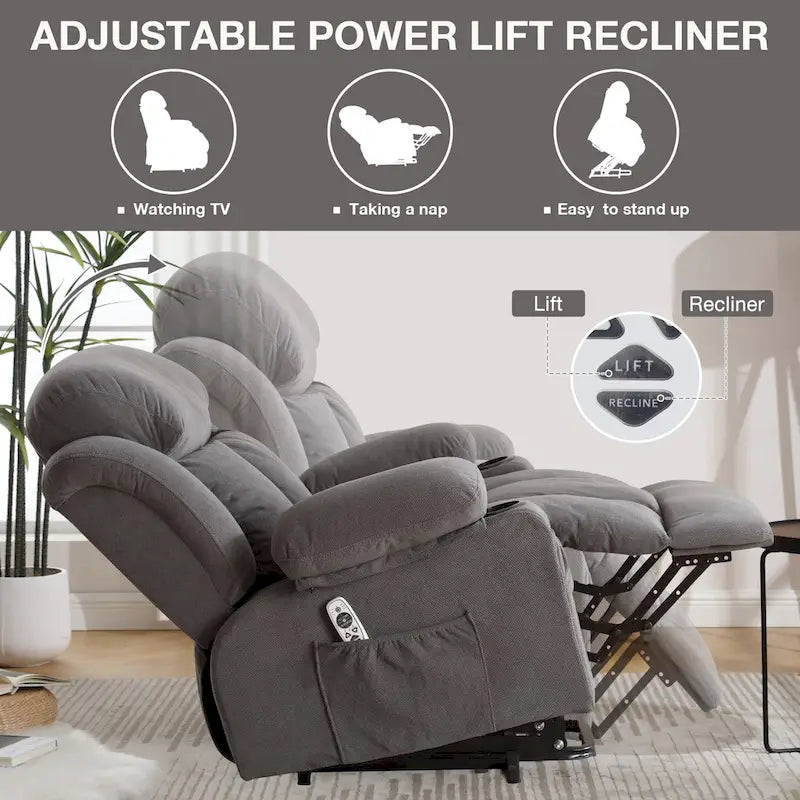 Grey Electric Power Lift Recliner Chair with Heating, Massage, USB Port, and Side Pockets, Equipped with Remote Control