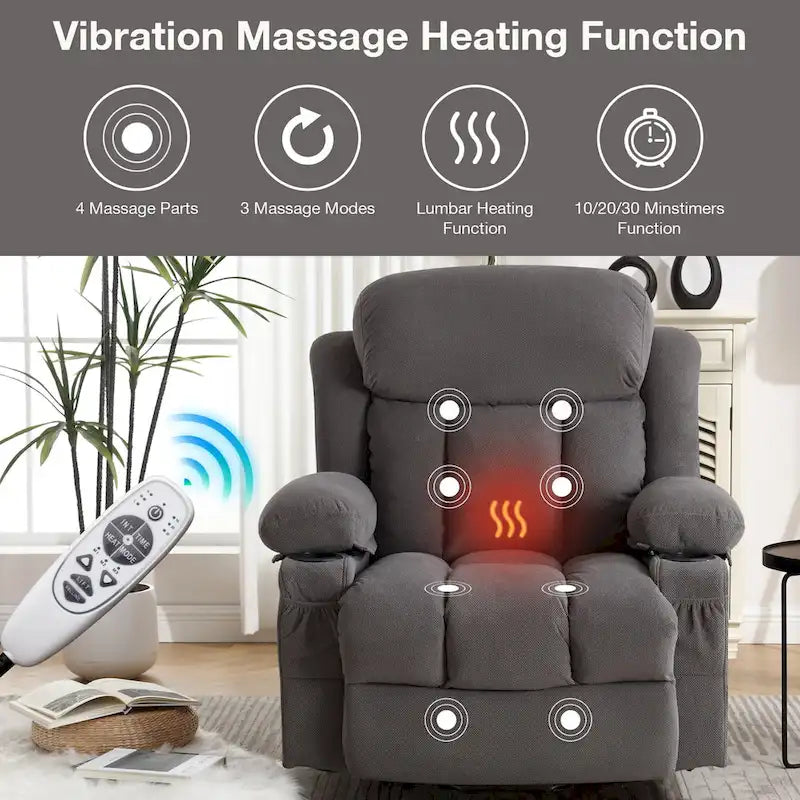 Grey Electric Power Lift Recliner Chair with Heating, Massage, USB Port, and Side Pockets, Equipped with Remote Control