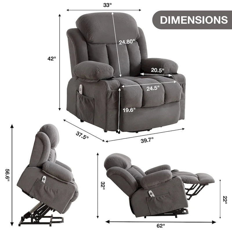 Grey Electric Power Lift Recliner Chair with Heating, Massage, USB Port, and Side Pockets, Equipped with Remote Control
