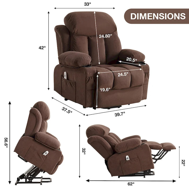 Grey Electric Power Lift Recliner Chair with Heating, Massage, USB Port, and Side Pockets, Equipped with Remote Control