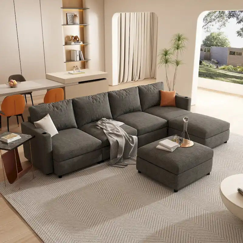 Grey 123 U-Shaped 4-Seater Modular Sectional with Storage Ottomans, Easy to Assemble and Transport