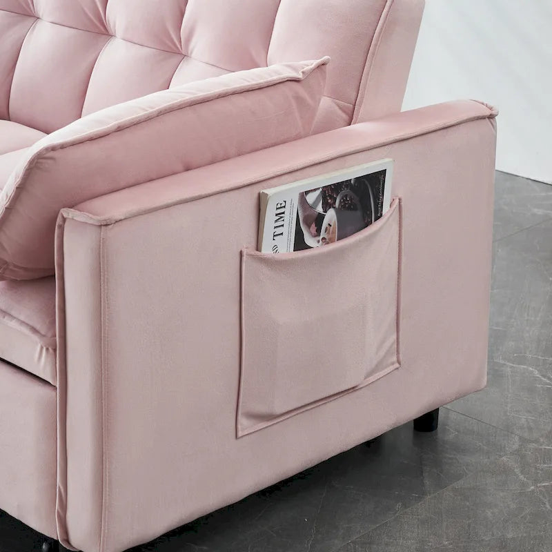 Pink Modern 55 3 in 1 Velvet Loveseat Convertible Sofa Bed with Backrest and Pillows for Living Room