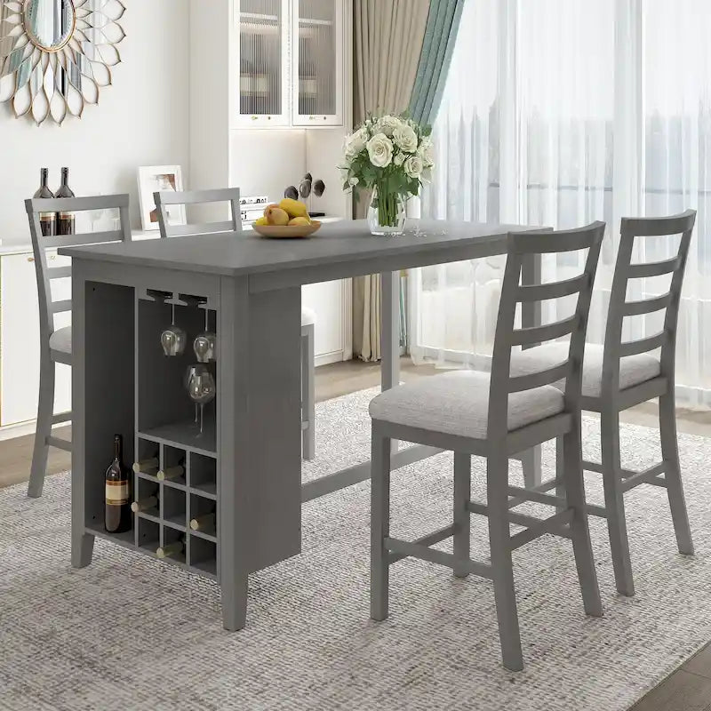 Ensemble de salle à manger 5 pièces rustique gris avec table hauteur comptoir, 4 chaises et rangement