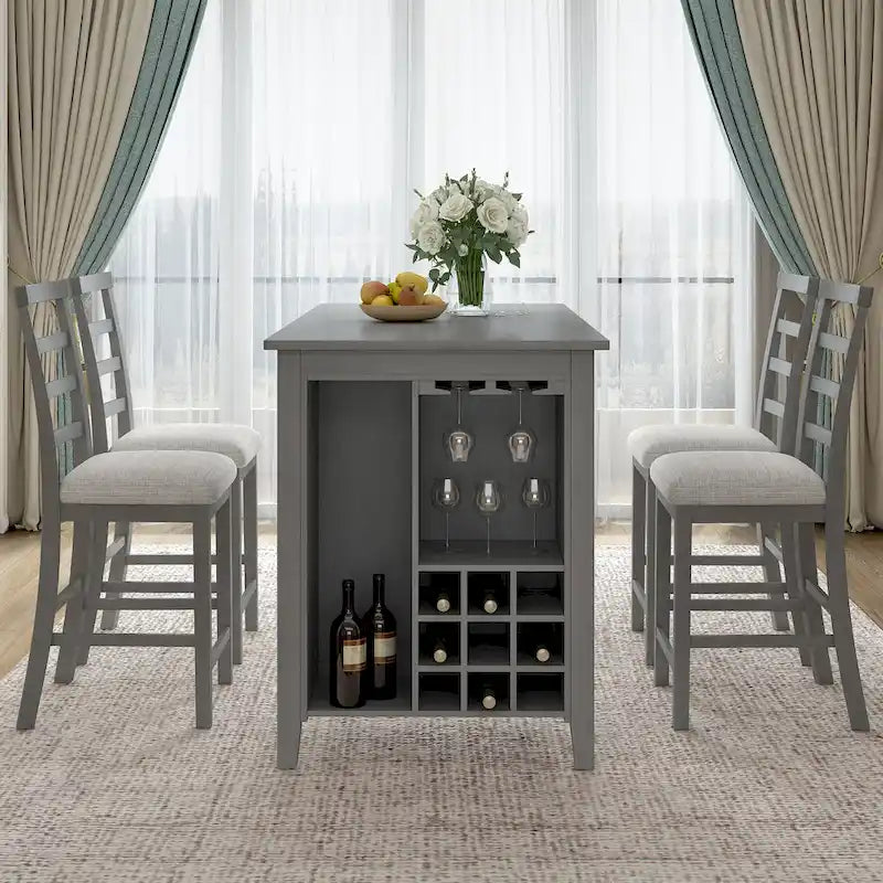 Ensemble de salle à manger 5 pièces rustique gris avec table hauteur comptoir, 4 chaises et rangement