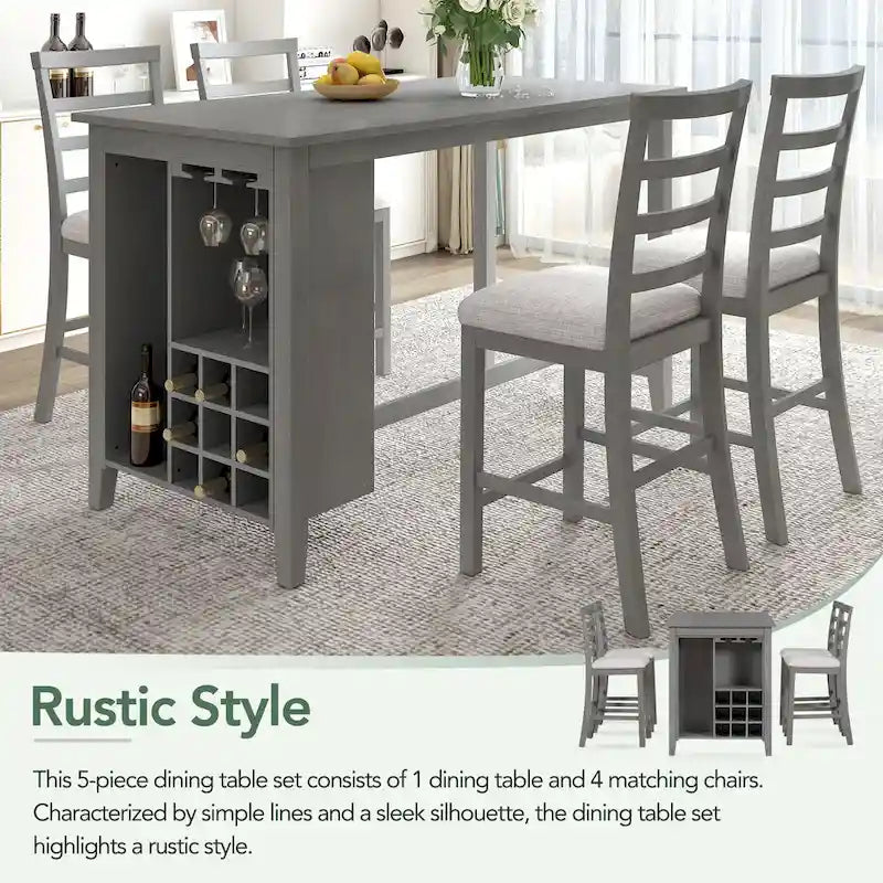 Ensemble de salle à manger 5 pièces rustique gris avec table hauteur comptoir, 4 chaises et rangement