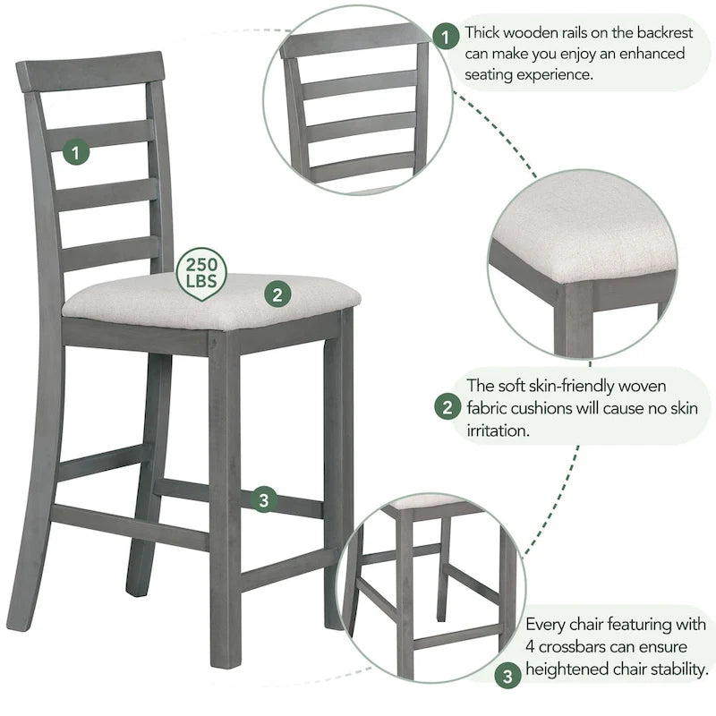 Ensemble de salle à manger 5 pièces rustique gris avec table hauteur comptoir, 4 chaises et rangement