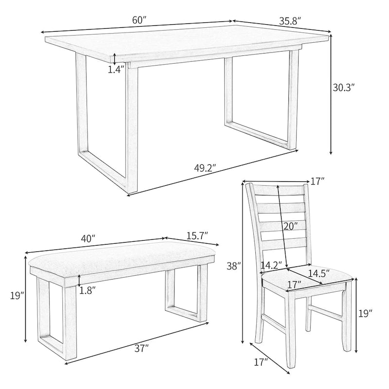 Gray Rustic 6-Piece Wooden Dining Table Set with Rectangular Table & 4 Chairs