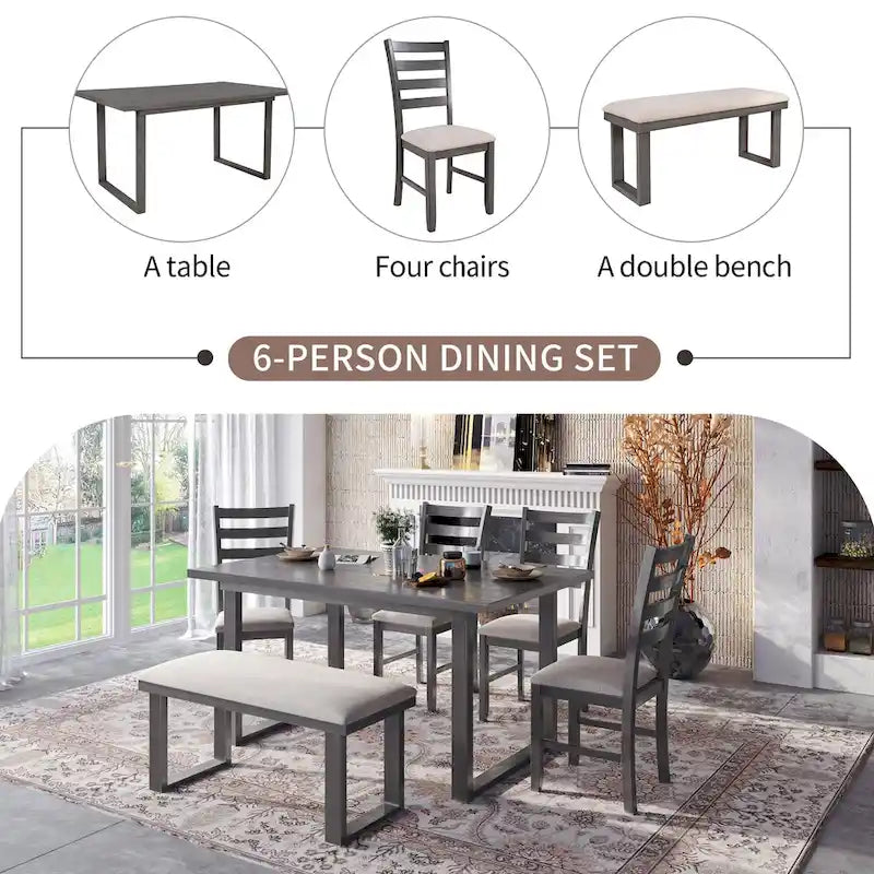 Gray Rustic 6-Piece Wooden Dining Table Set with Rectangular Table & 4 Chairs