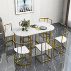 Golden+White 7-Piece Metal Frame Dining Table Set with Half-Round Table & 6 Chairs
