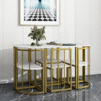 Golden+White 7-Piece Metal Frame Dining Table Set with Half-Round Table & 6 Chairs