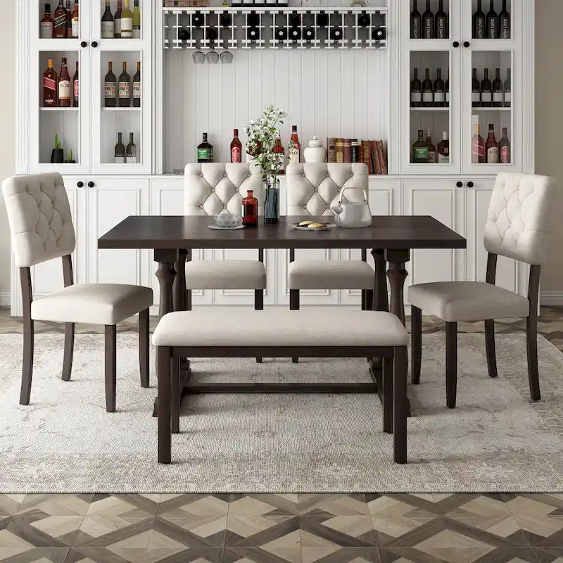 Espresso Retro 6-Piece Wooden Dining Table Set with Rectangular Table & 4 Chairs