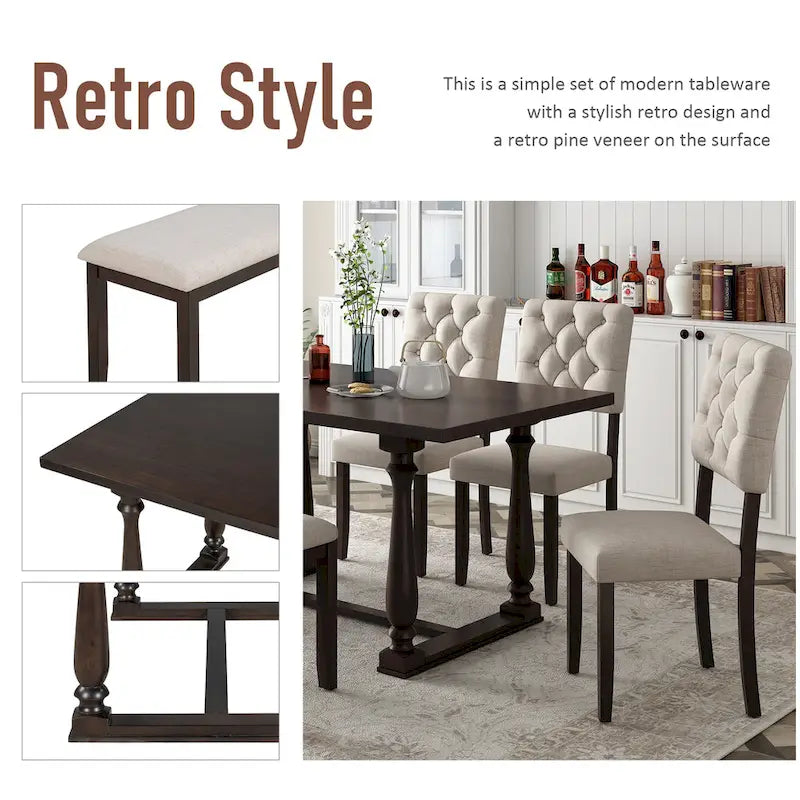 Espresso Retro 6-Piece Wooden Dining Table Set with Rectangular Table & 4 Chairs