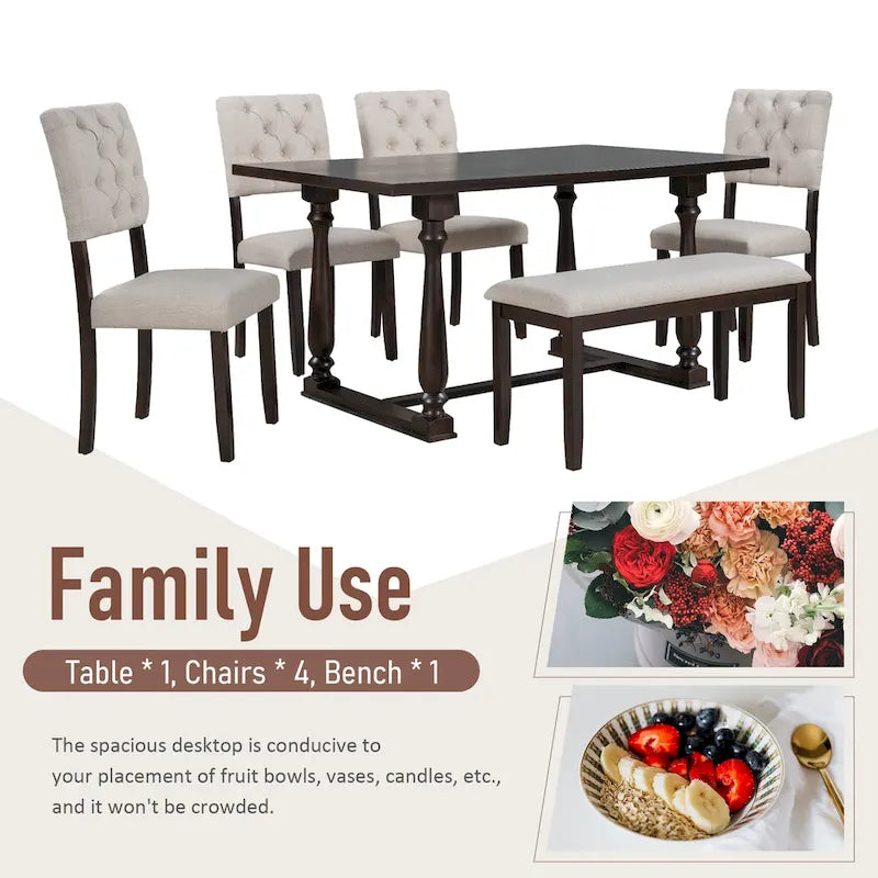 Espresso Retro 6-Piece Wooden Dining Table Set with Rectangular Table & 4 Chairs