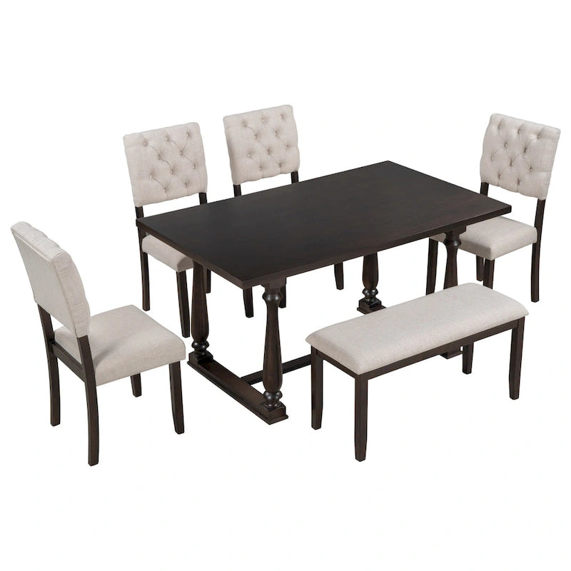 Espresso Retro 6-Piece Wooden Dining Table Set with Rectangular Table & 4 Chairs