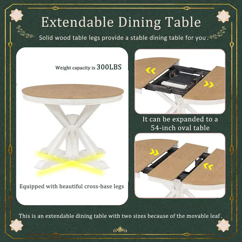 Retro 5-Piece Wooden Dining Table Set with Extendable Round Table & 4 Chairs