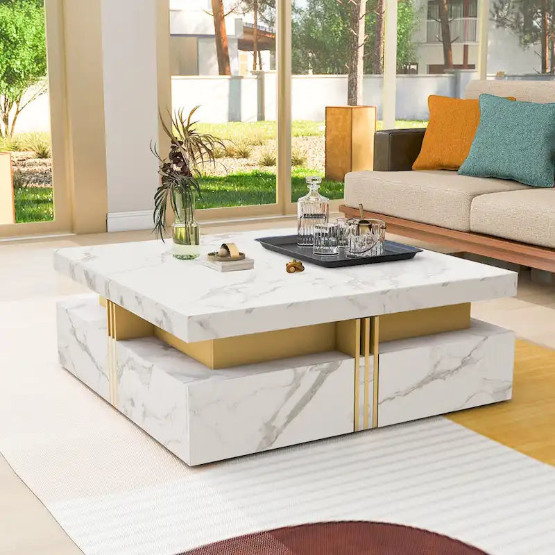 43.3 Modern Square Storage Coffee Table with 4 Drawers for Living Room
