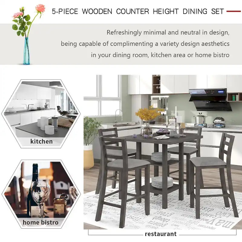 5-Piece Counter Height Wooden Dining Table Set with 4 Chairs & Storage