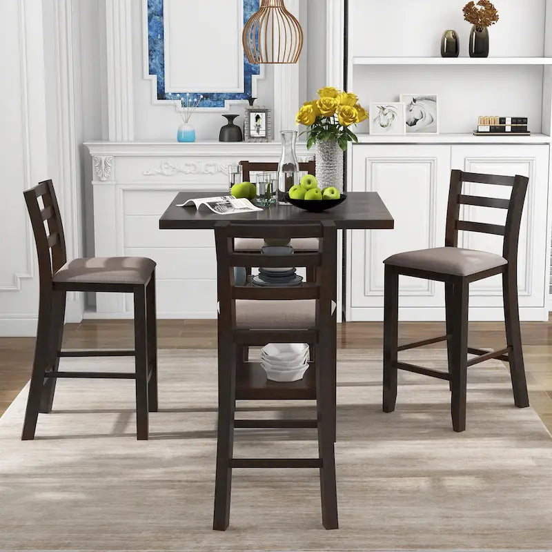 5-Piece Counter Height Wooden Dining Table Set with 4 Chairs & Storage