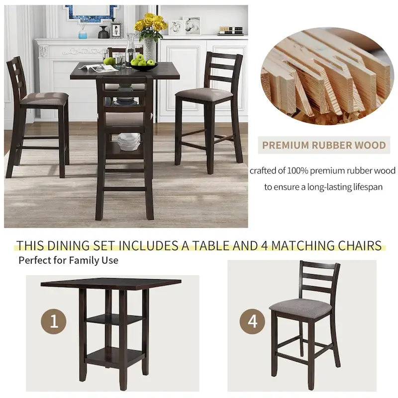 5-Piece Counter Height Wooden Dining Table Set with 4 Chairs & Storage